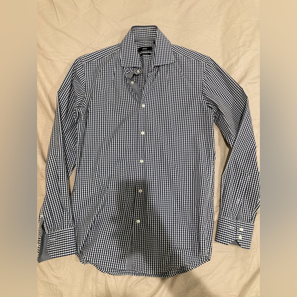 Hugo Boss Men's Blue White Checkered Gingham Shirt regular 38 15